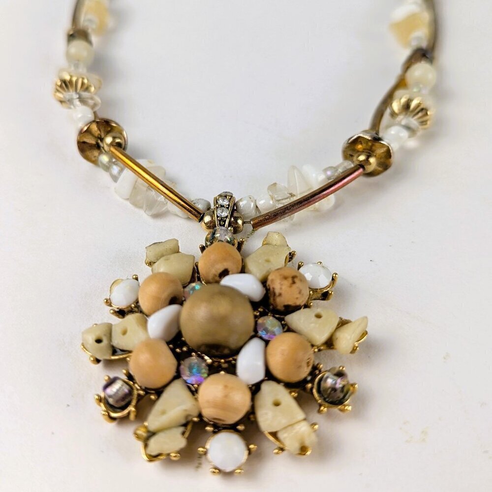 Wood/Rock/Rhinestone Beaded Pendant Necklace - Picture 2 of 5